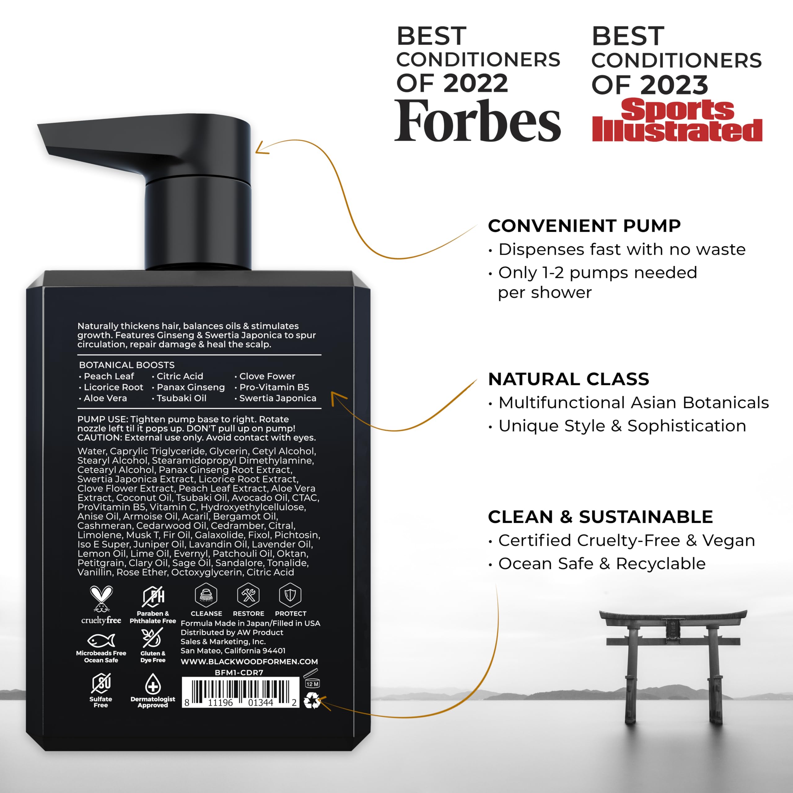 Label close-up of Blackwood For Men conditioner with vegan formula claim