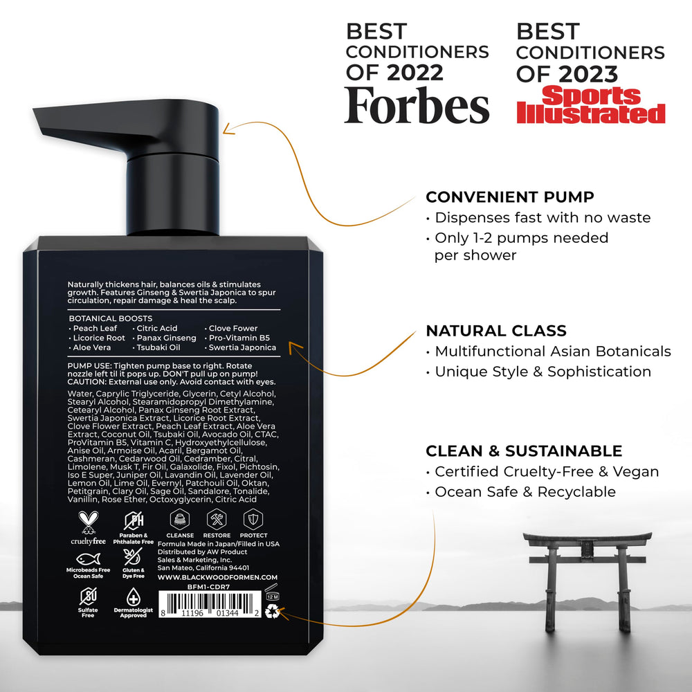 Label close-up of Blackwood For Men conditioner with vegan formula claim