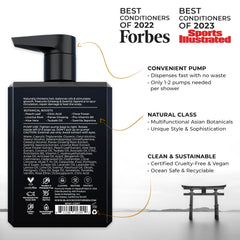 Label close-up of Blackwood For Men conditioner with vegan formula claim