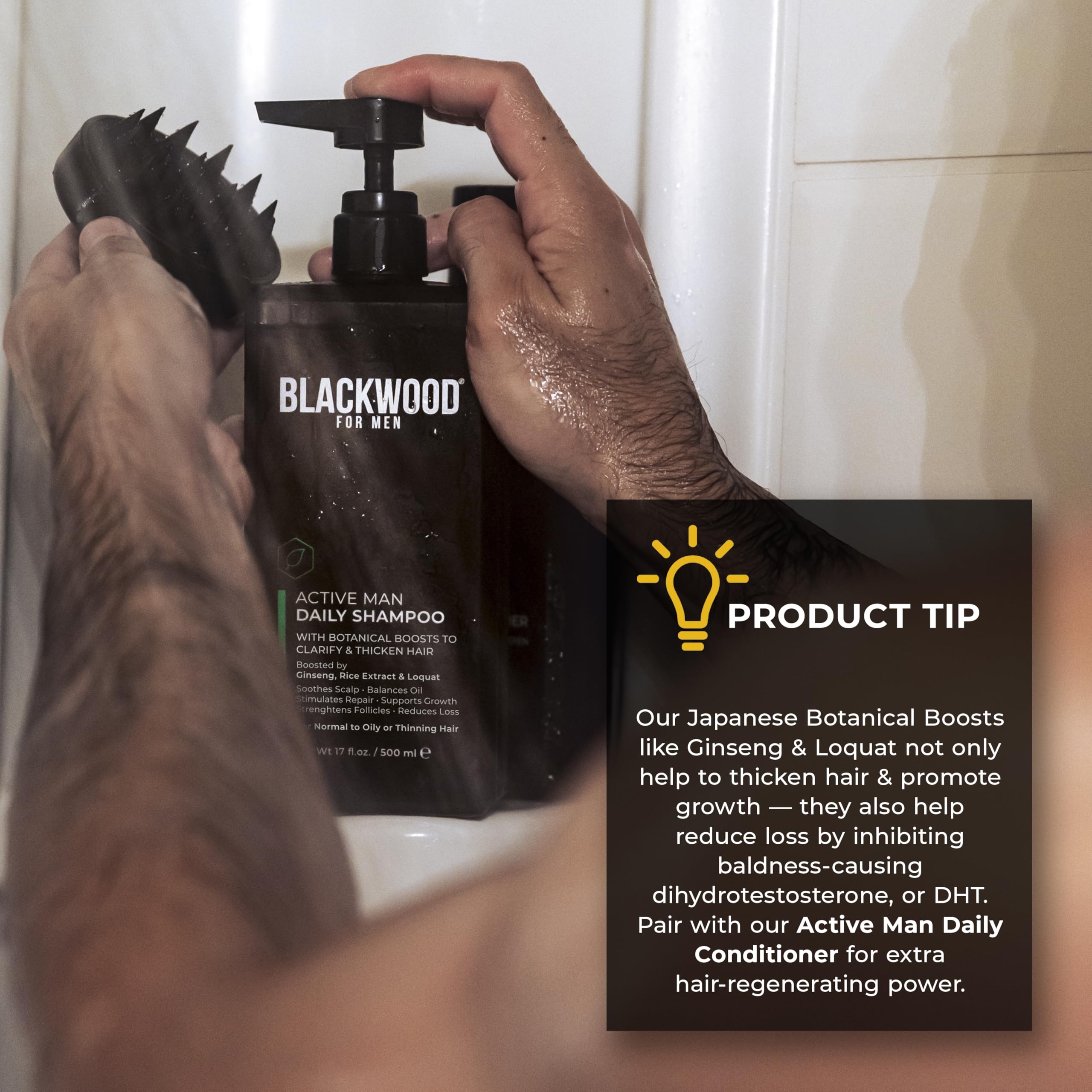 Blackwood For Men Active Man Daily Shampoo on shower shelf after workout for a refreshing cleanse.