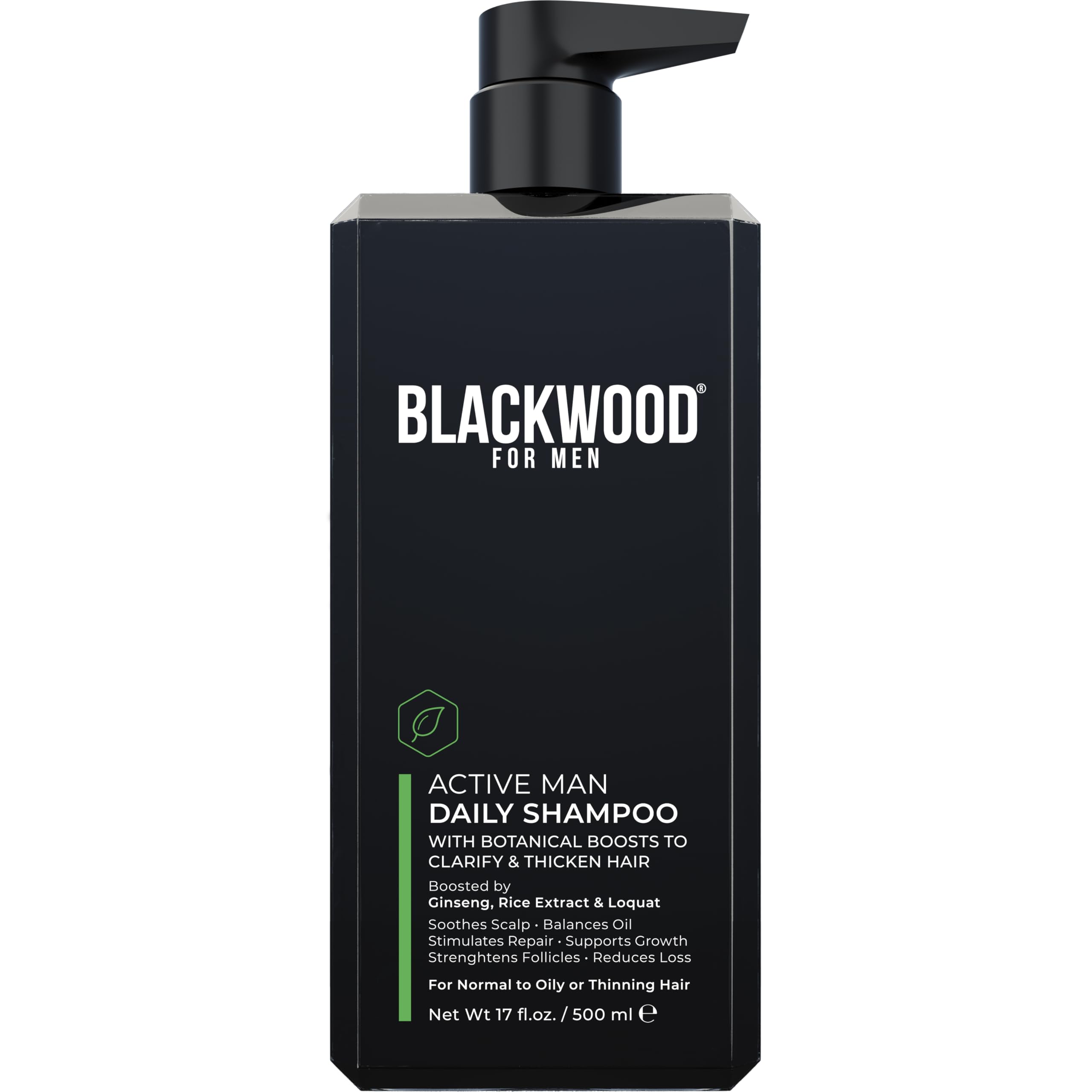 Blackwood For Men Active Man Daily Shampoo bottle highlights a sulfate-free, vegan formula for daily cleansing.