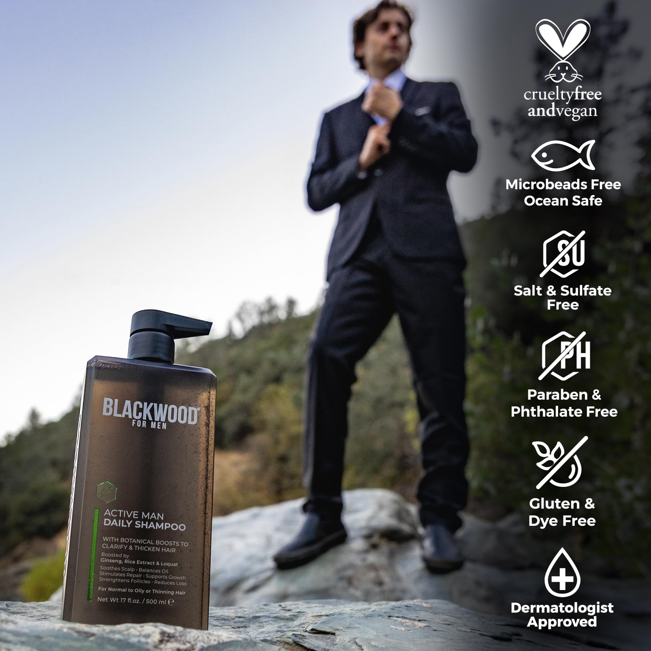 Blackwood For Men Active Man Daily Shampoo ingredients panel highlights rice extract and ginseng for clarified scalp.