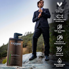 Blackwood For Men Active Man Daily Shampoo ingredients panel highlights rice extract and ginseng for clarified scalp.