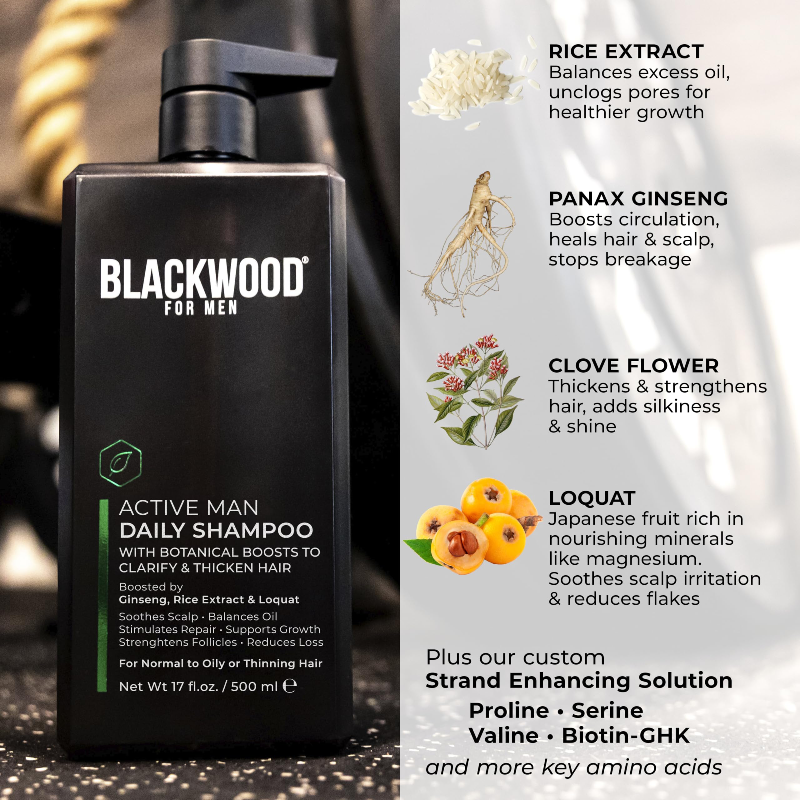 Blackwood For Men Active Man Daily Shampoo lather with cooling menthol and aloe for soothing scalp.