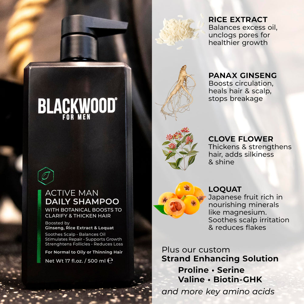 Blackwood For Men Active Man Daily Shampoo lather with cooling menthol and aloe for soothing scalp.
