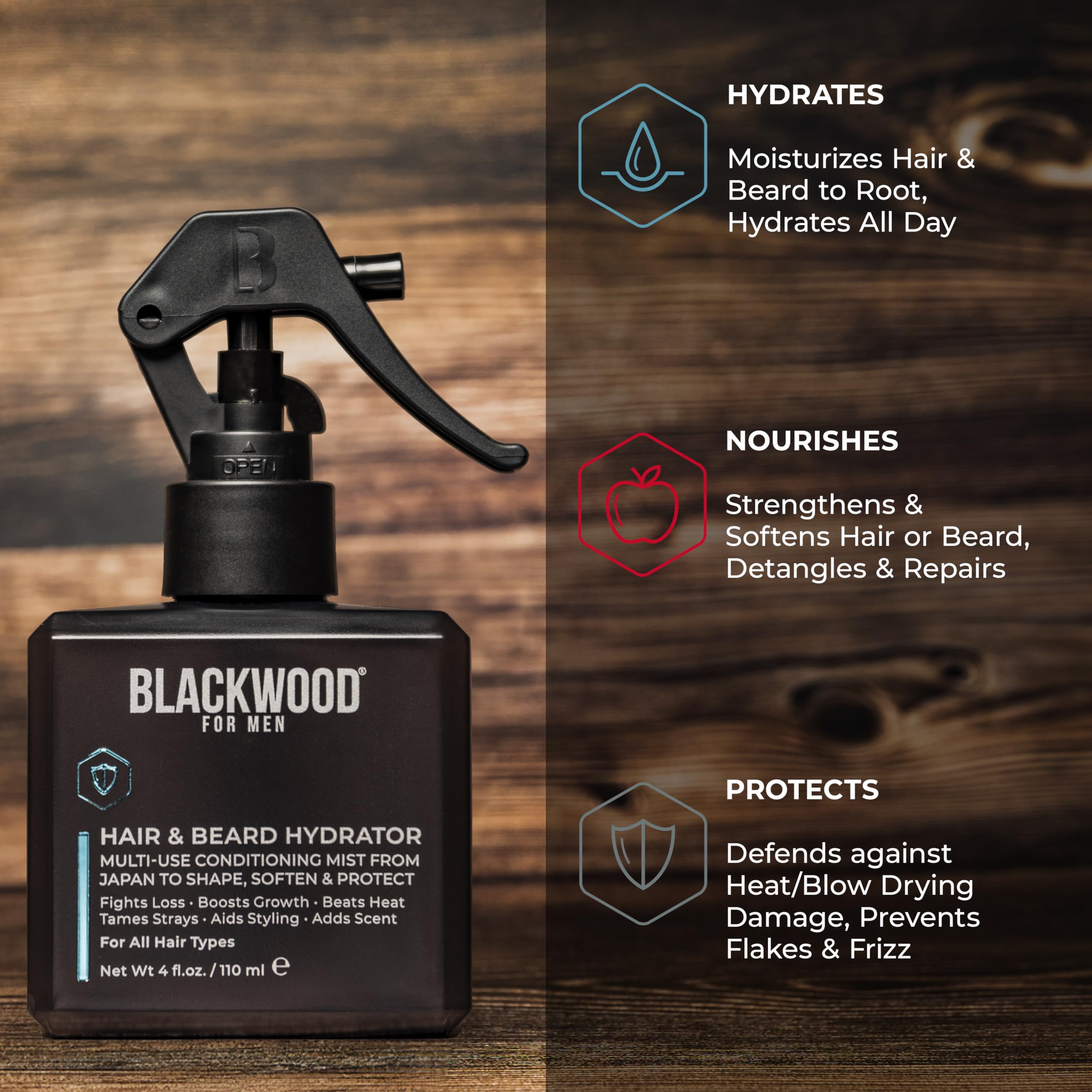 Beard detangler and smoother with Blackwood hydrator spray.
