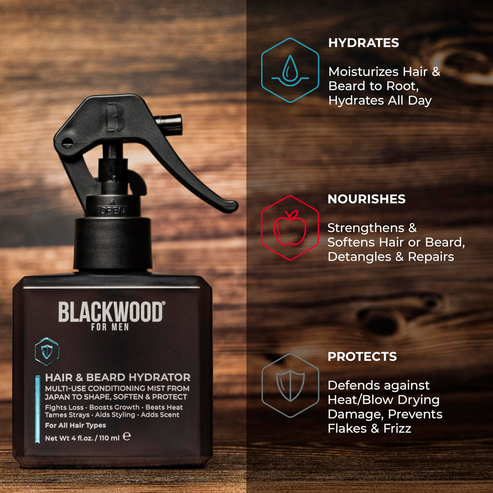 Beard detangler and smoother with Blackwood hydrator spray.