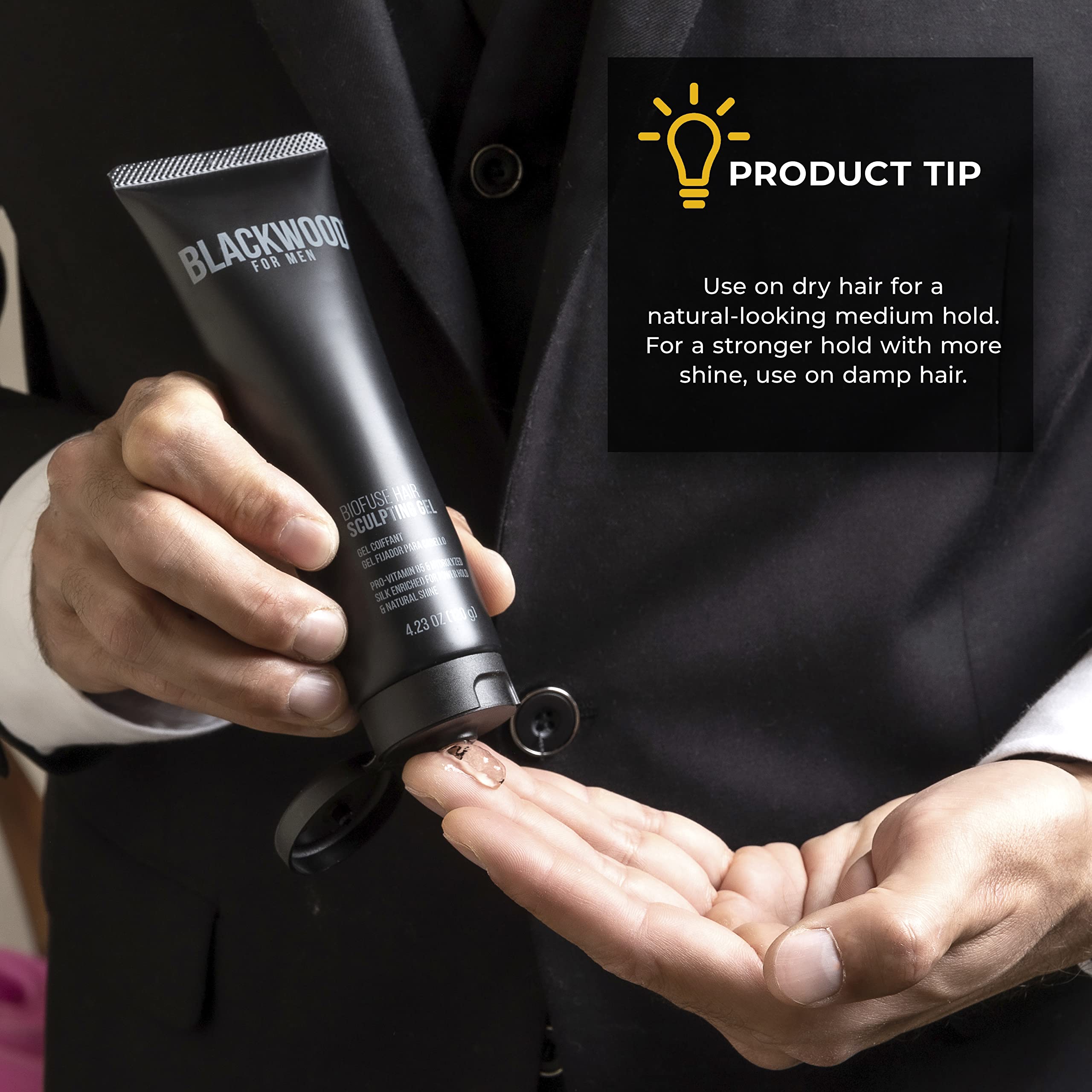 Hands styling hair with BioFuse gel emphasizing natural shine and control.