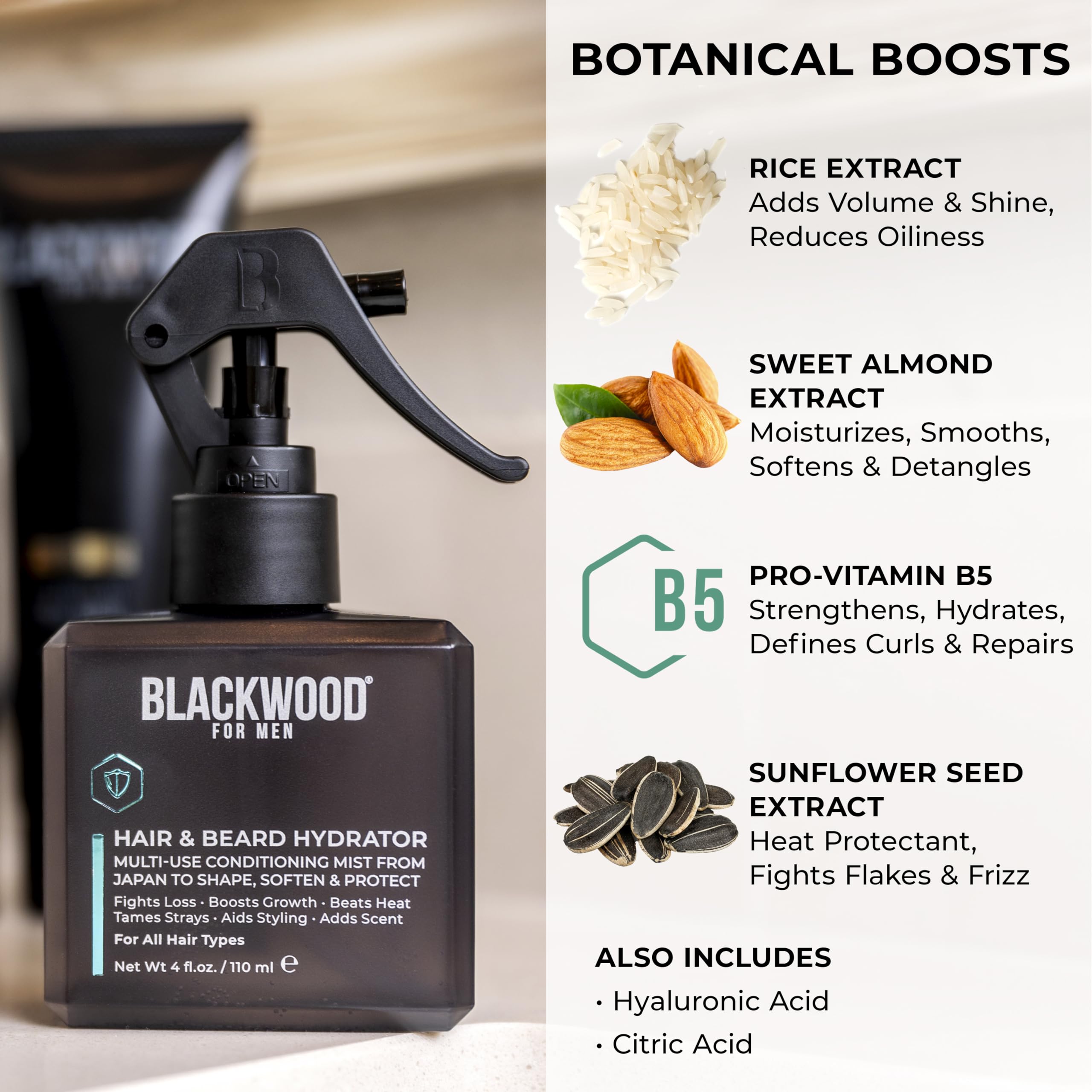 Hair texture boost from Blackwood hydrator spray adding volume.
