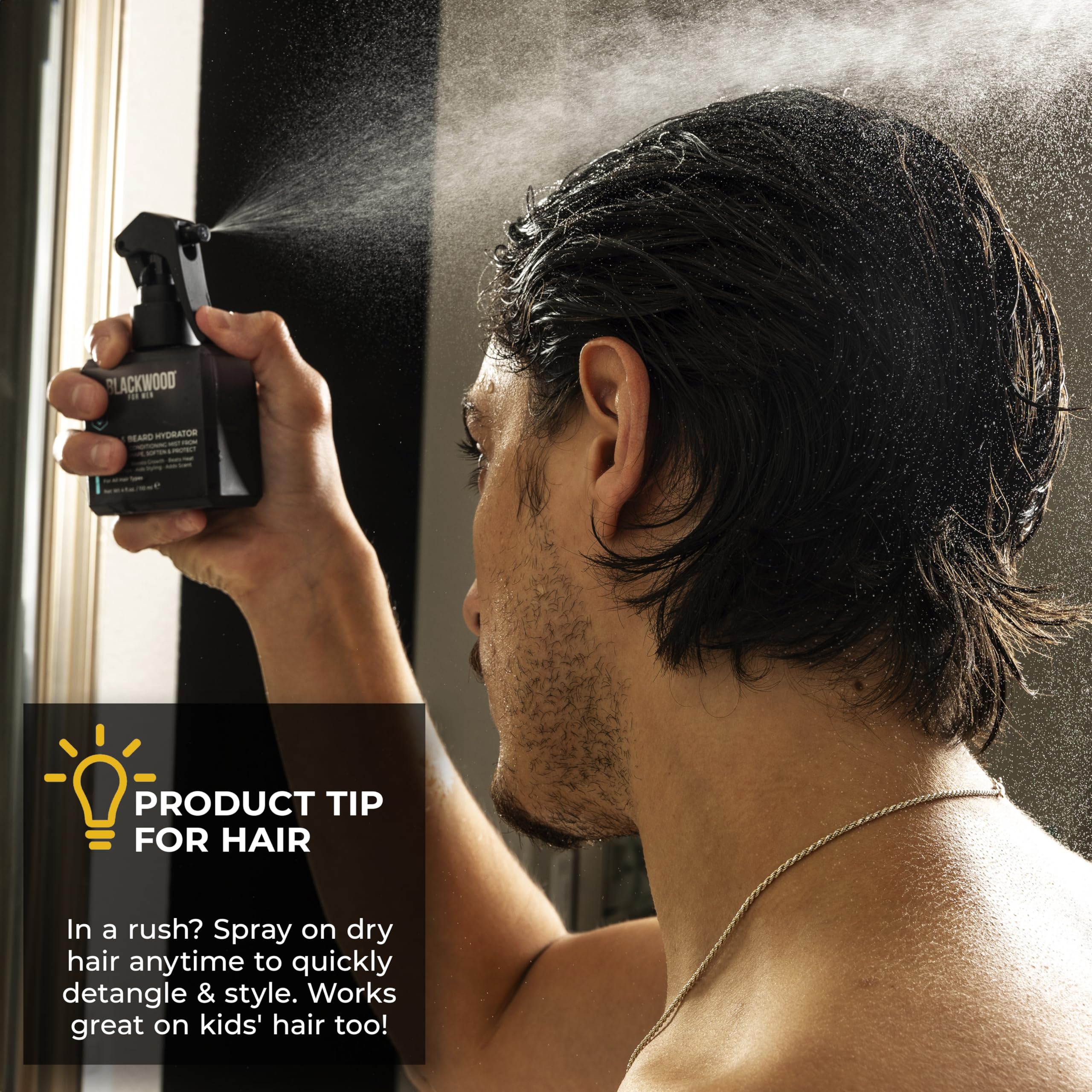 Heat protection and moisture retention from Blackwood hydrator spray.