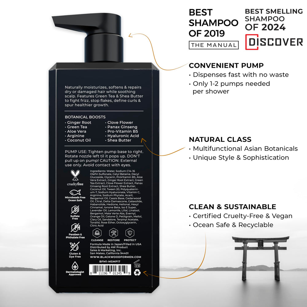 Blackwood For Men Hydroblast bottle pour illustrating easy lather for curly, dry hair.
