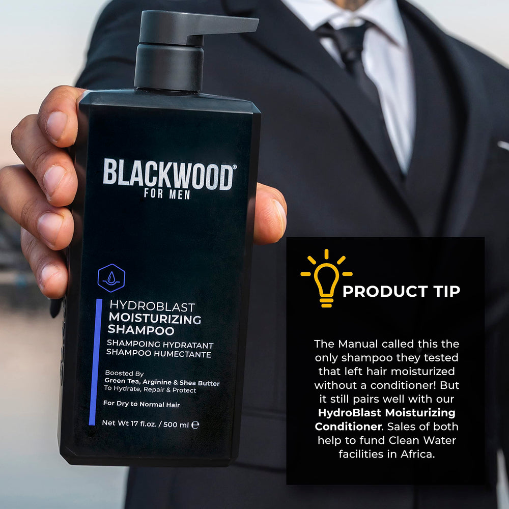 Curl-rich hair after washing with Blackwood For Men Hydroblast showing added volume.