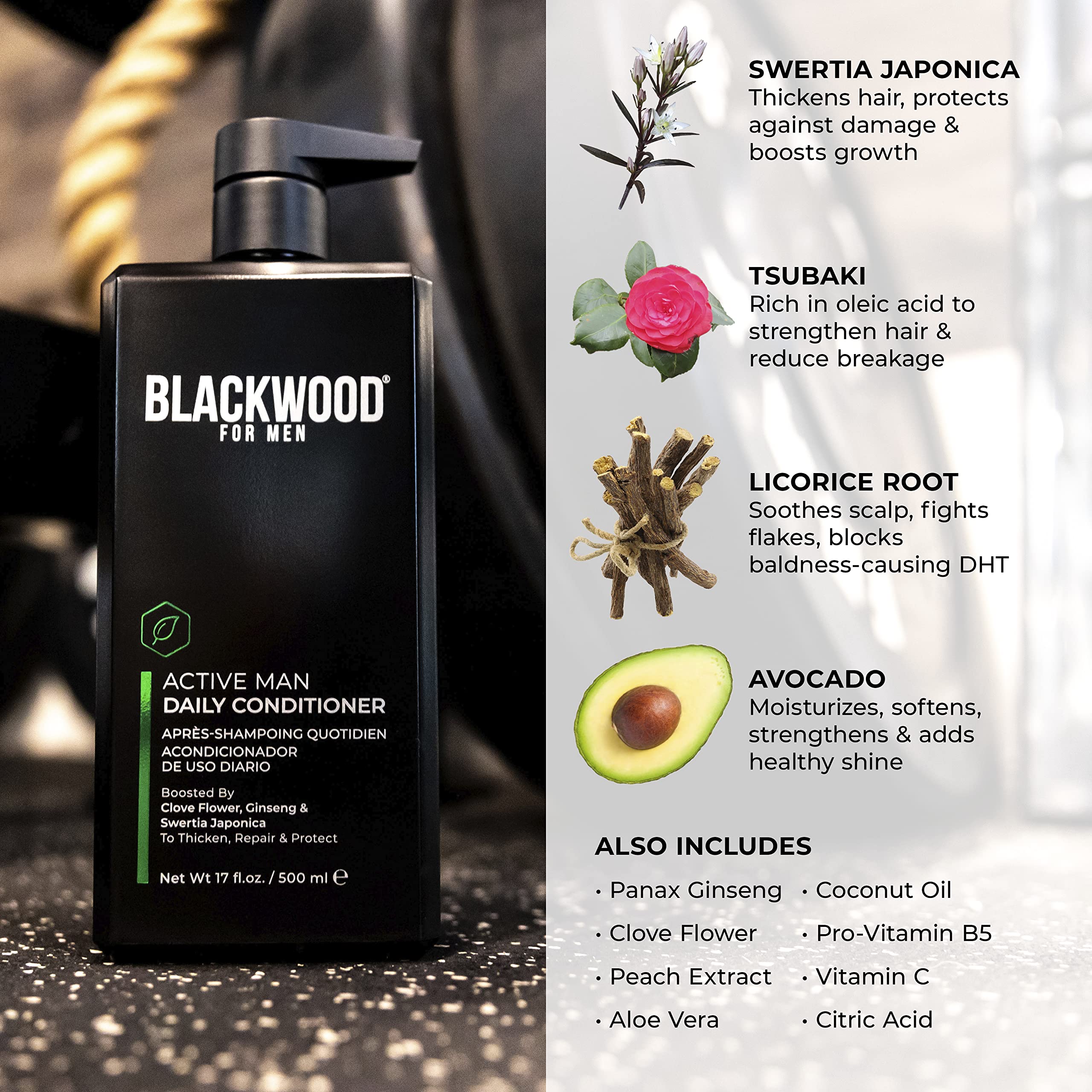 Blackwood For Men natural botanical boosts from Japan featuring Tsubaki and Licorice Root.