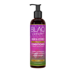 Blaq Luxury Sage and Lychee conditioner bottle for smooth, moisturized hair.