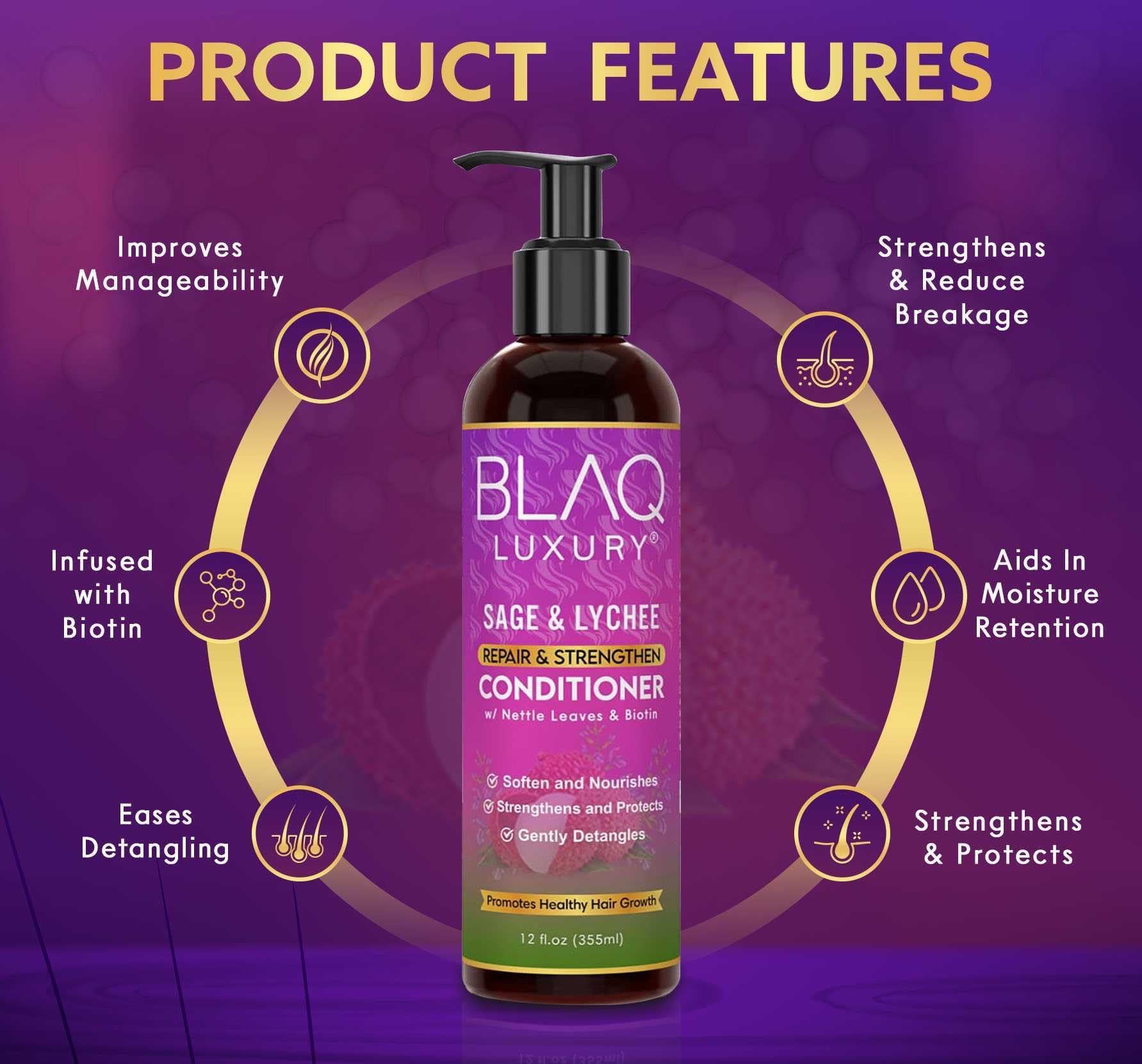 Blaq Luxury Sage and Lychee conditioner leaves hair soft and shiny.