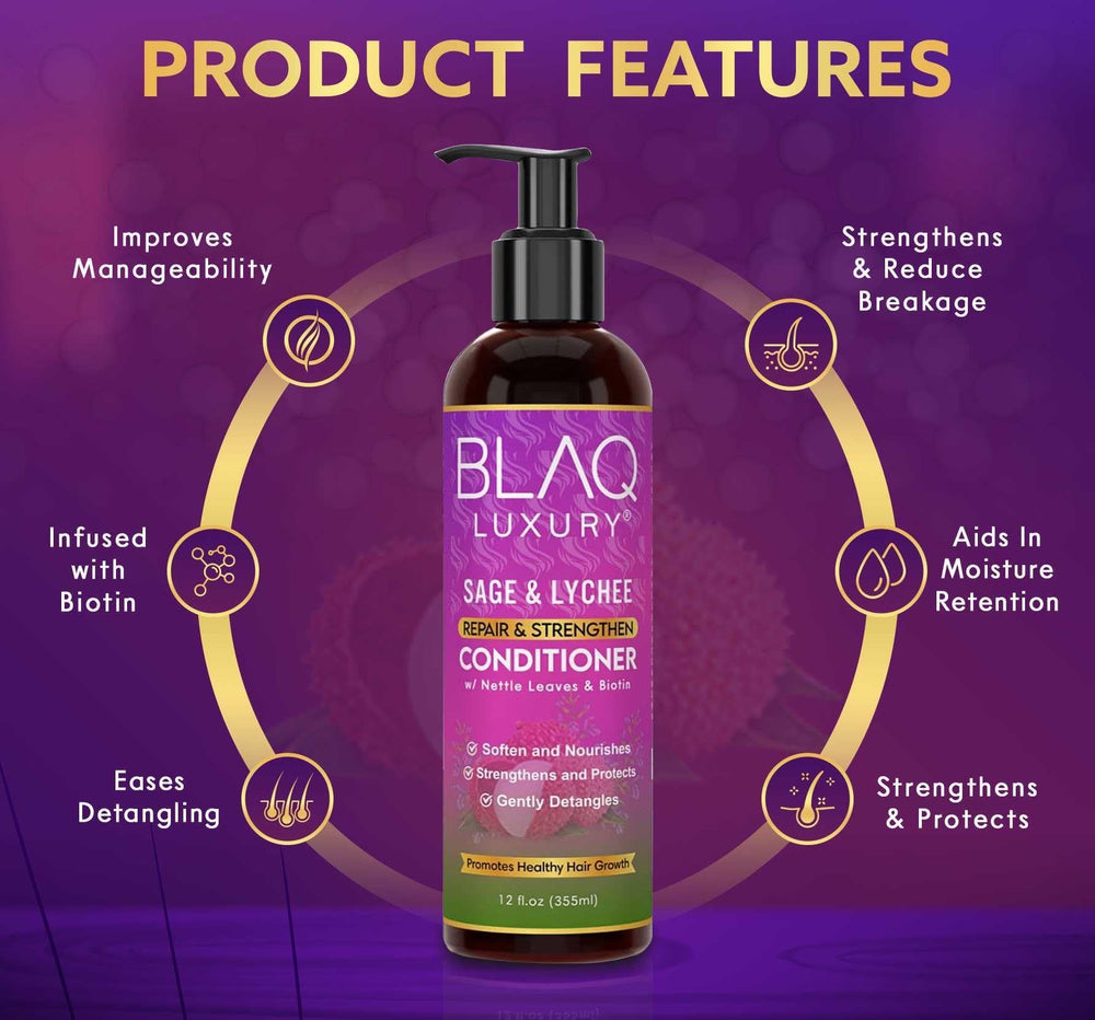 Blaq Luxury Sage and Lychee conditioner leaves hair soft and shiny.