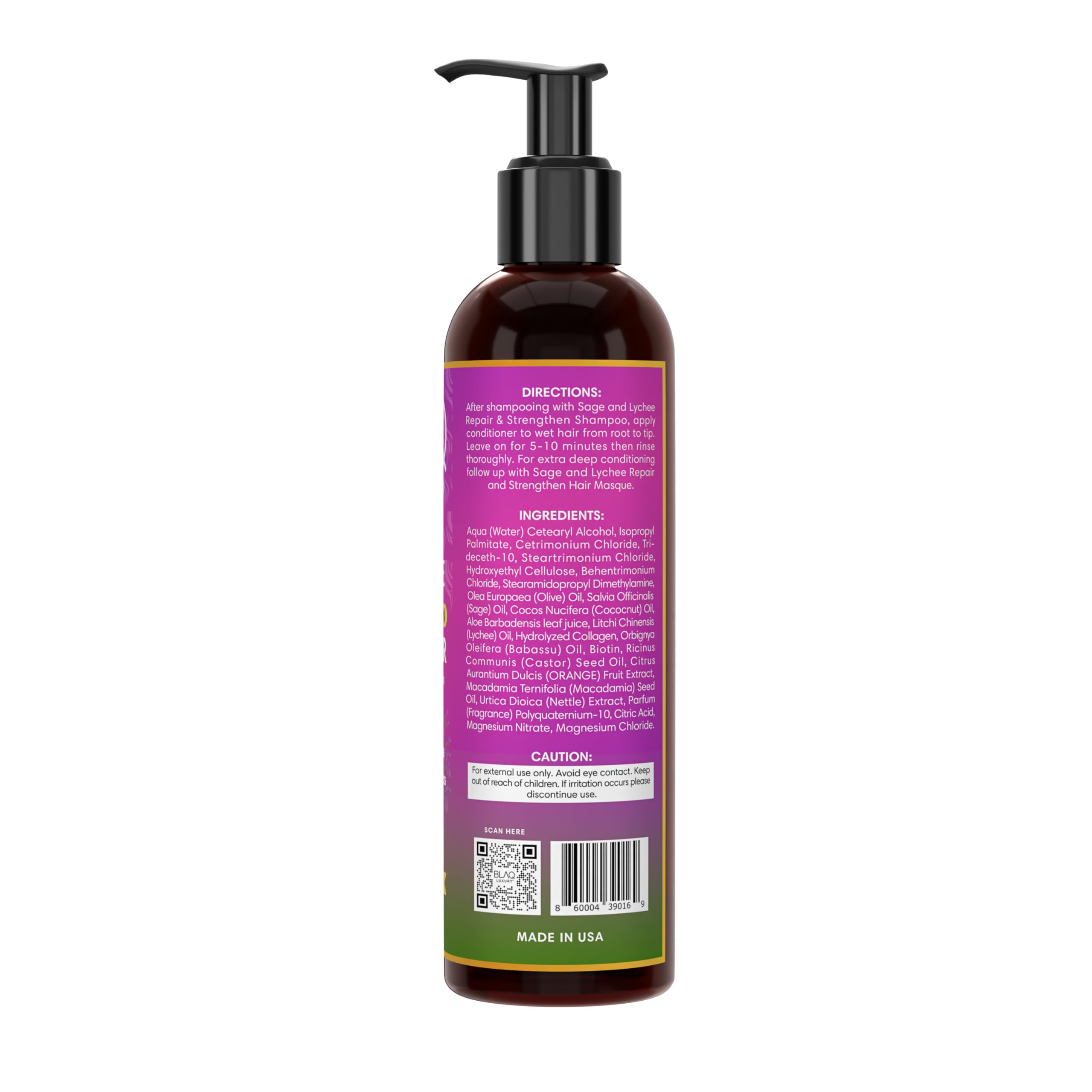 Blaq Luxury Sage and Lychee conditioner label highlights biotin and nettle.