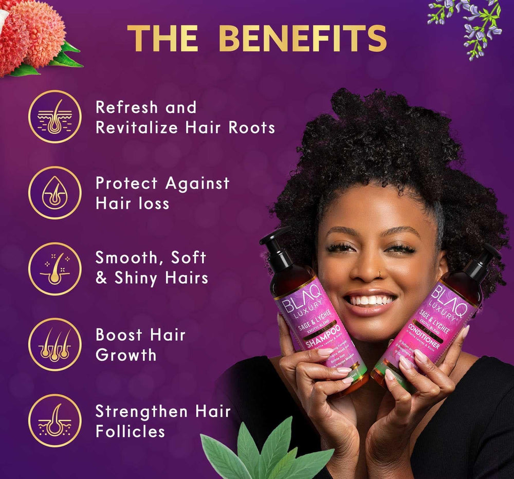Blaq Luxury Sage and Lychee conditioner on damp hair for styling.