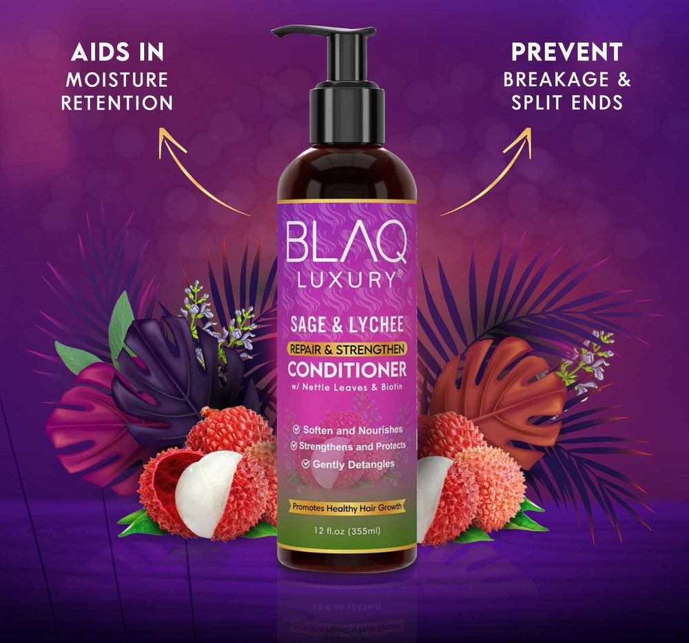 Blaq Luxury Sage and Lychee conditioner dispensing pump for easy use.
