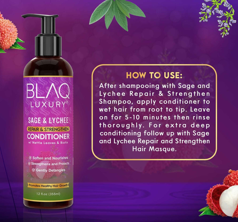 Blaq Luxury Sage and Lychee conditioner in a routine care setup.