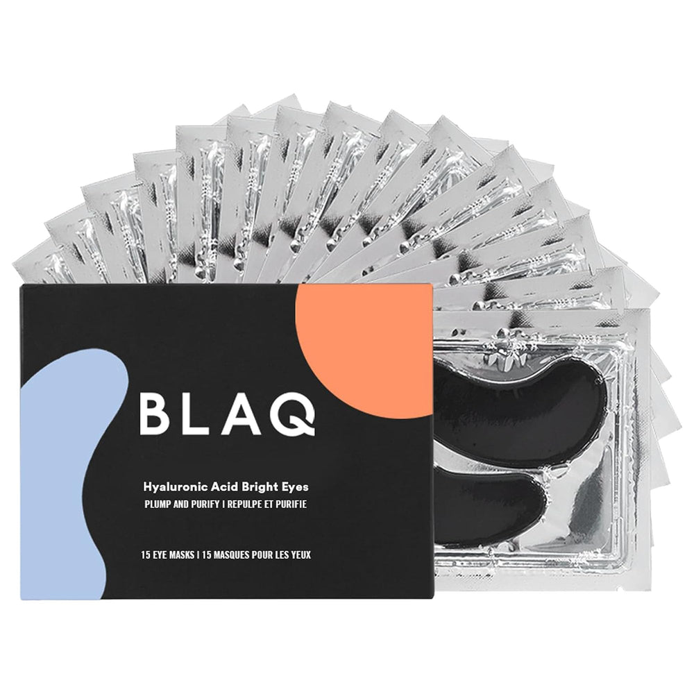 BLAQ under-eye patches on the front pack suggesting refreshed eyes after late nights