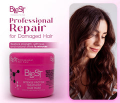 User applying BLEST mask to damp hair during salon-quality hydration routine.
