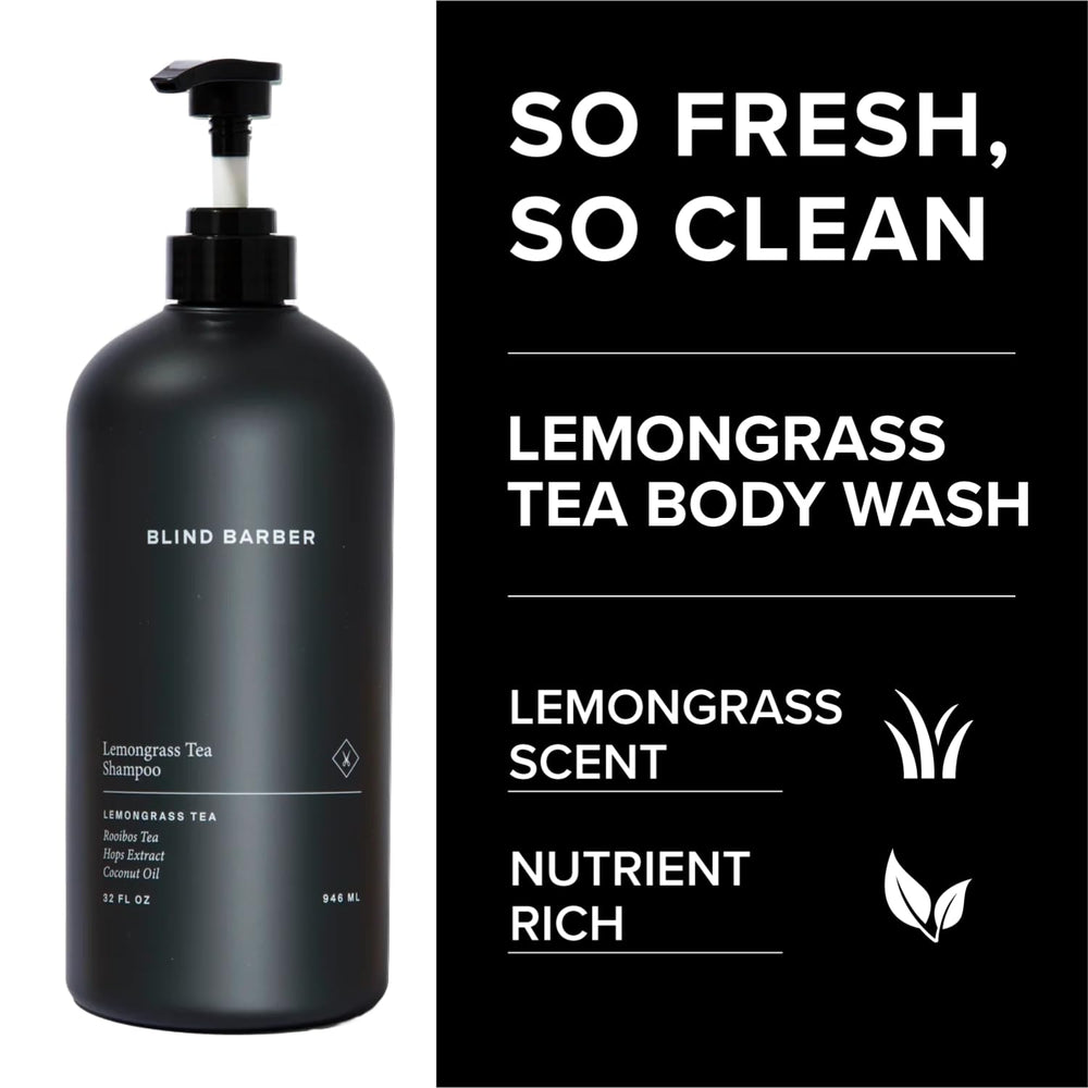 Blind Barber Lemongrass Tea Shampoo ingredients hops highlights conditioning and cleansing.