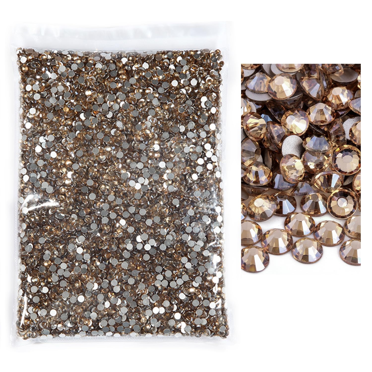 Blinginbox flatback rhinestones SS10 golden champagne close-up showing diamond-like sparkle for crafts.