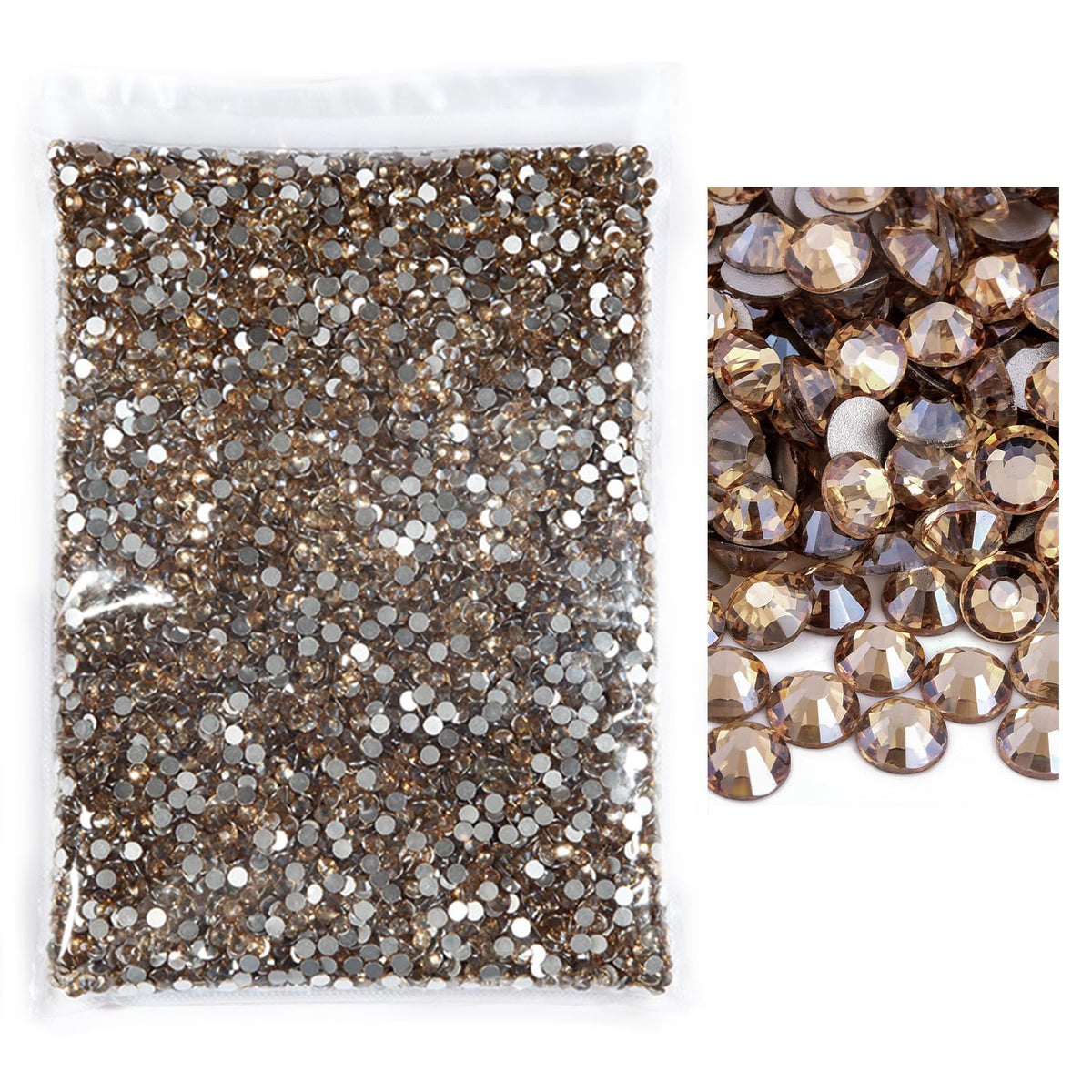 Blinginbox flatback rhinestones SS10 golden champagne close-up showing diamond-like sparkle for crafts.