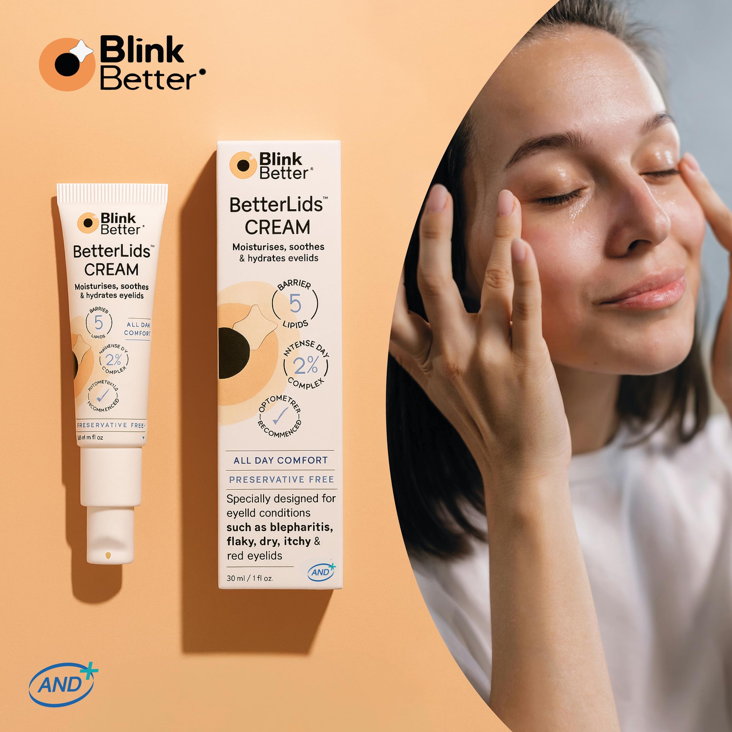 BlinkBetter Restore on vanity demonstrates accessible self-care for eye area.