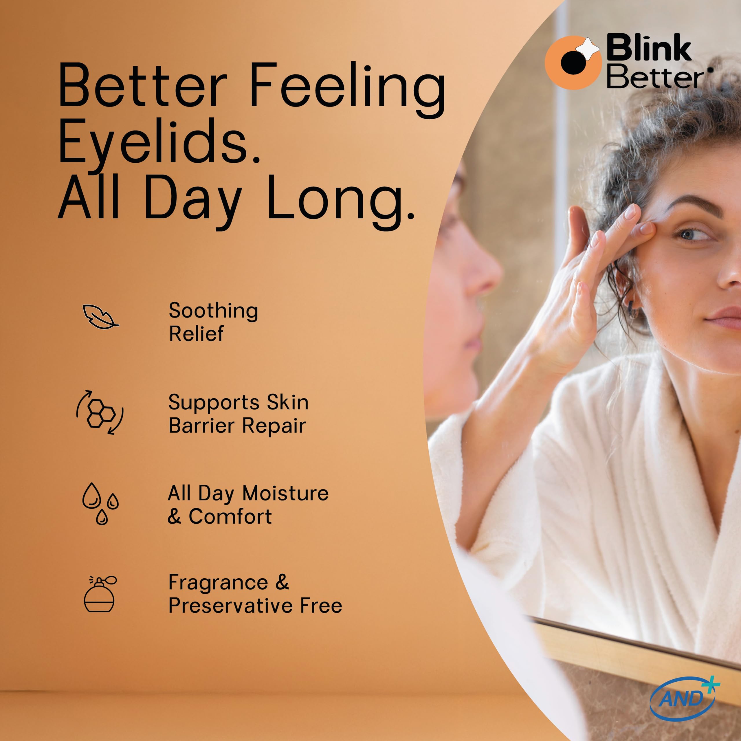 BlinkBetter Restore eyelid cream packaging highlights ceramide and oat formula.