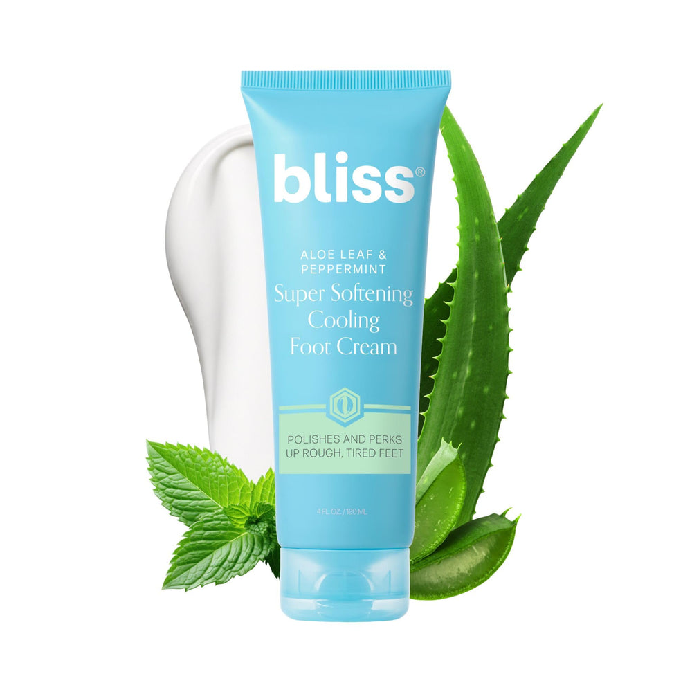 Bliss Aloe Leaf & Peppermint Foot Cream bottle providing cooling moisture for tired feet.