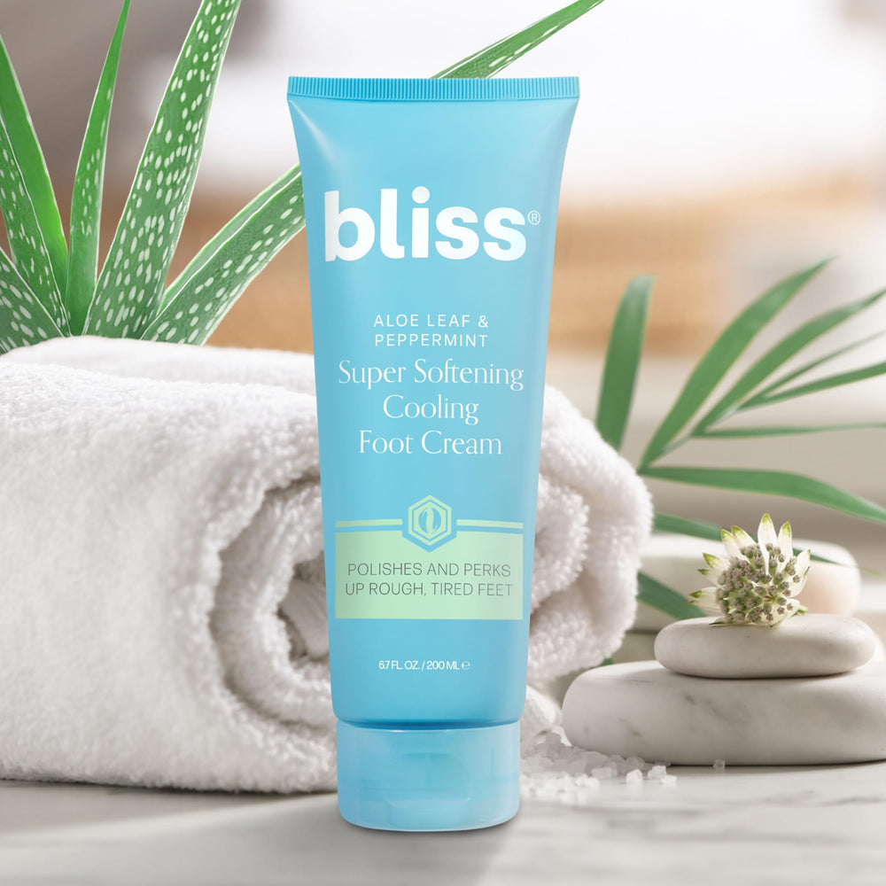 Scene of refreshed feet after using Bliss Aloe Leaf & Peppermint Foot Cream.