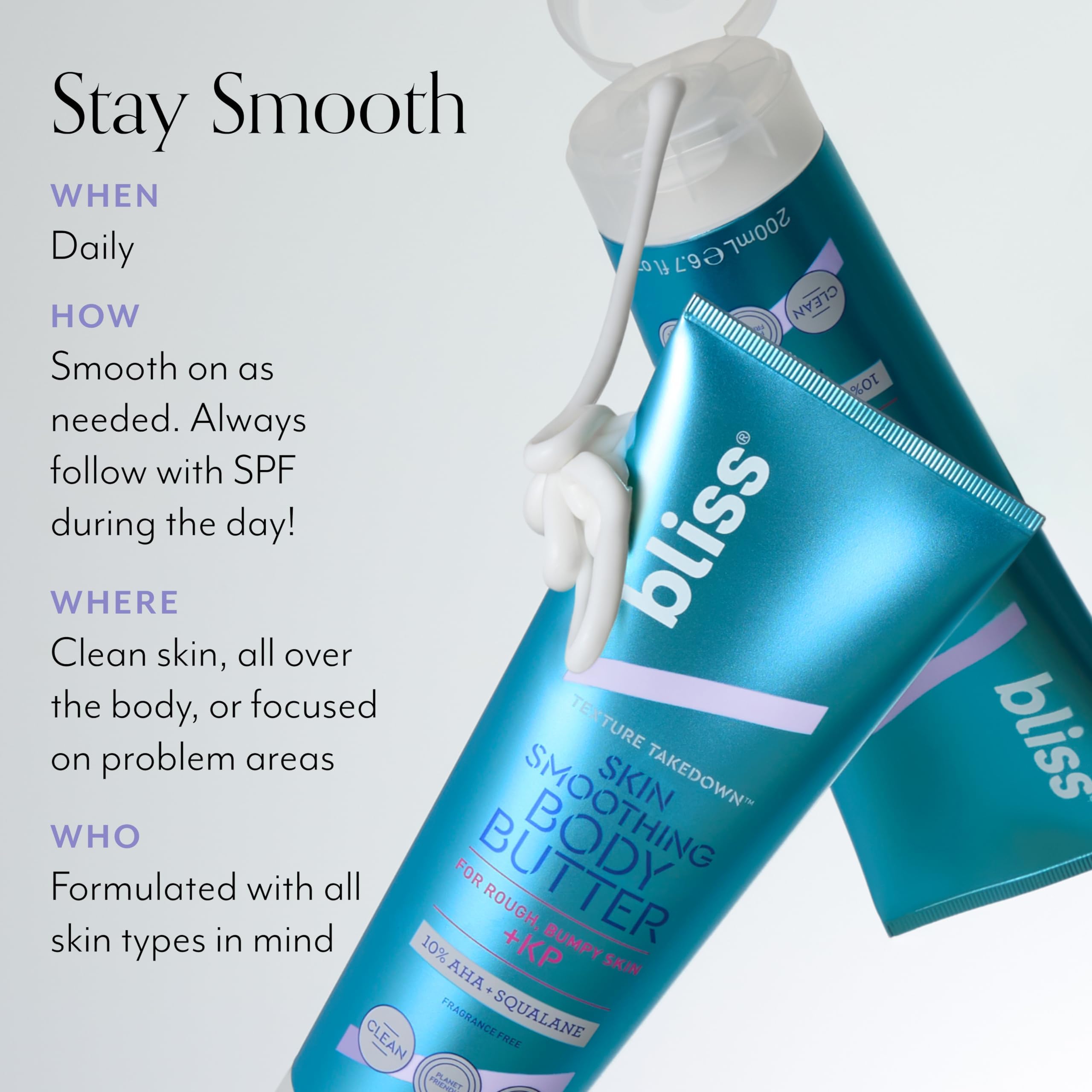 Bliss Body Butter application on arms and legs reveals smoother texture