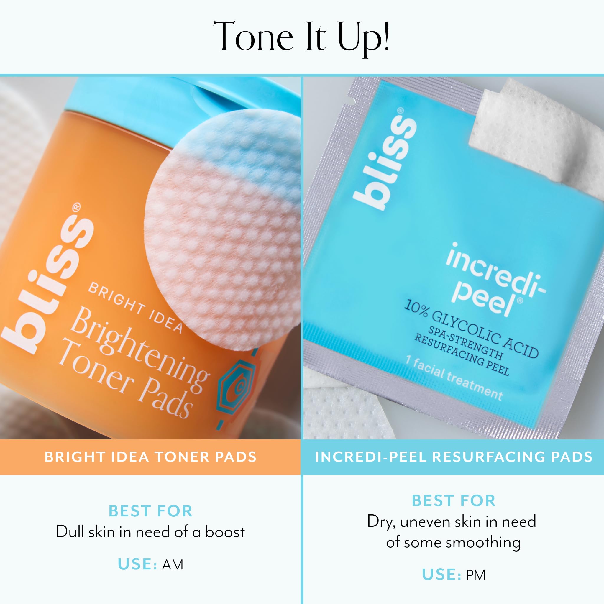 Bliss Bright Idea toner pad closeup ingredients highlight vitamin C and peptides.