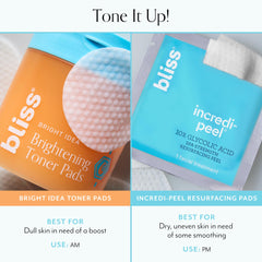 Bliss Bright Idea toner pad closeup ingredients highlight vitamin C and peptides.