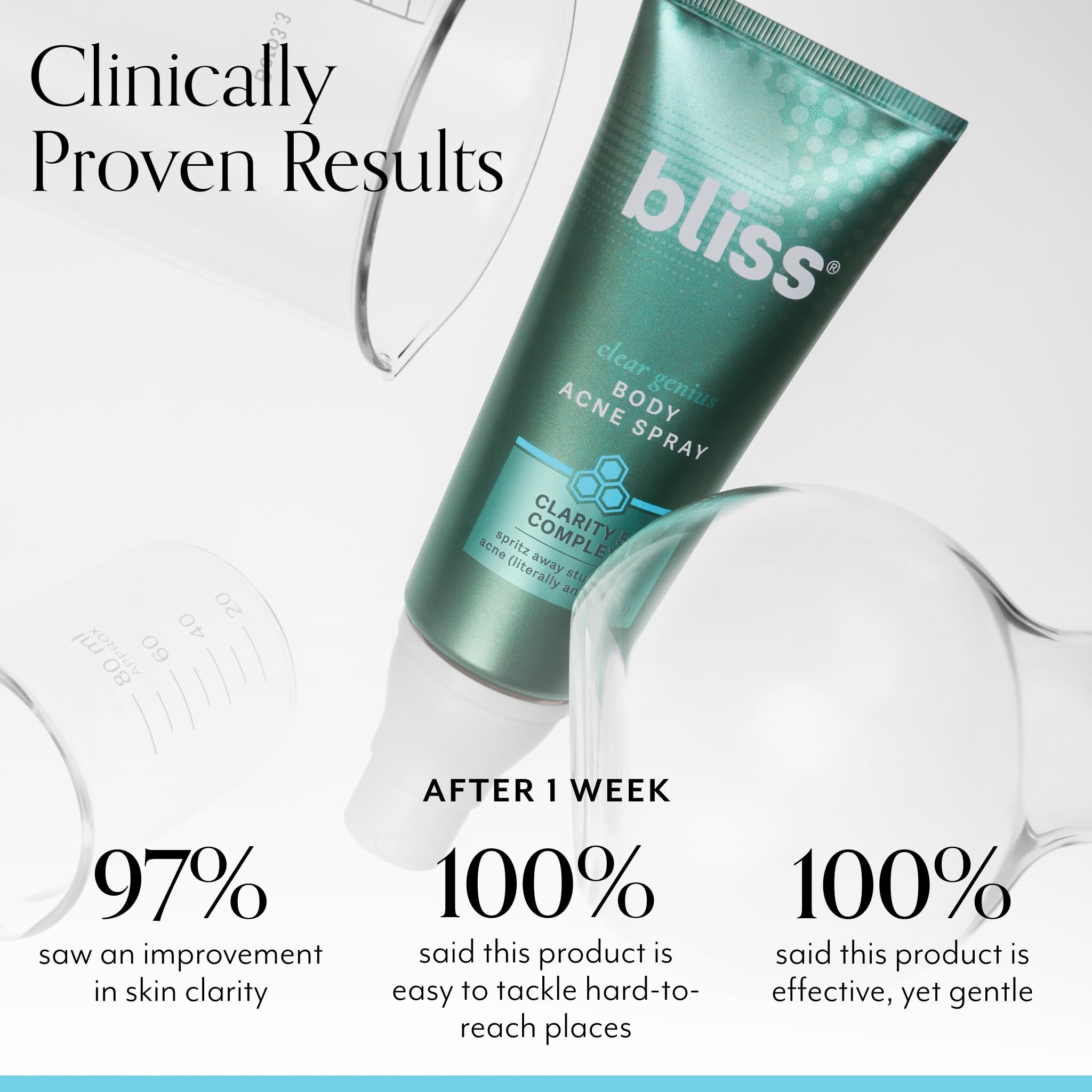 Bliss Clear Genius spray mist in action with a 360-degree nozzle for targeted body treatment.