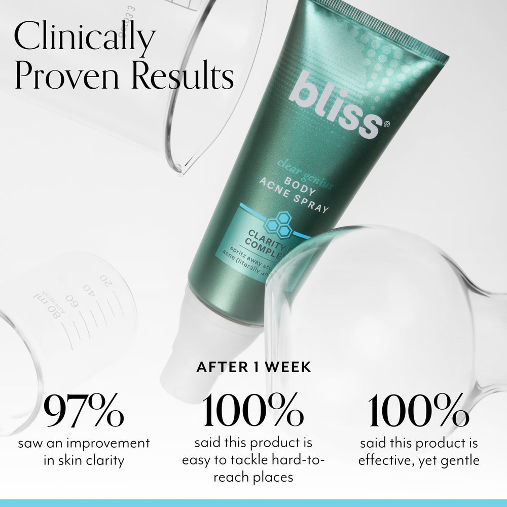 Bliss Clear Genius spray mist in action with a 360-degree nozzle for targeted body treatment.