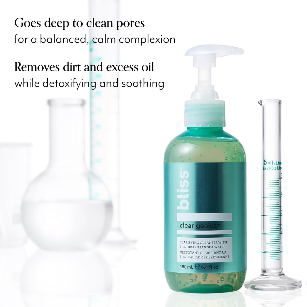 Bliss Clear Genius bottle back label reveals ingredients and vegan, cruelty-free claim.