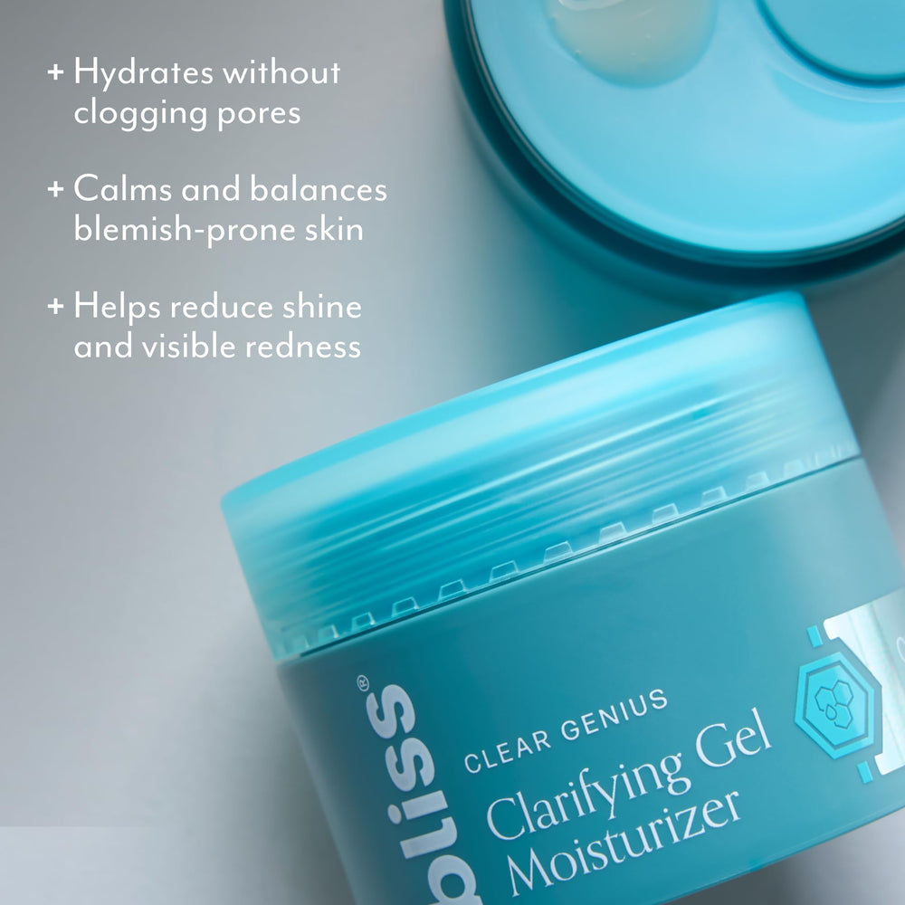 Bliss Clarifying Gel Moisturizer pump demonstrates fast-absorbing texture for morning routines