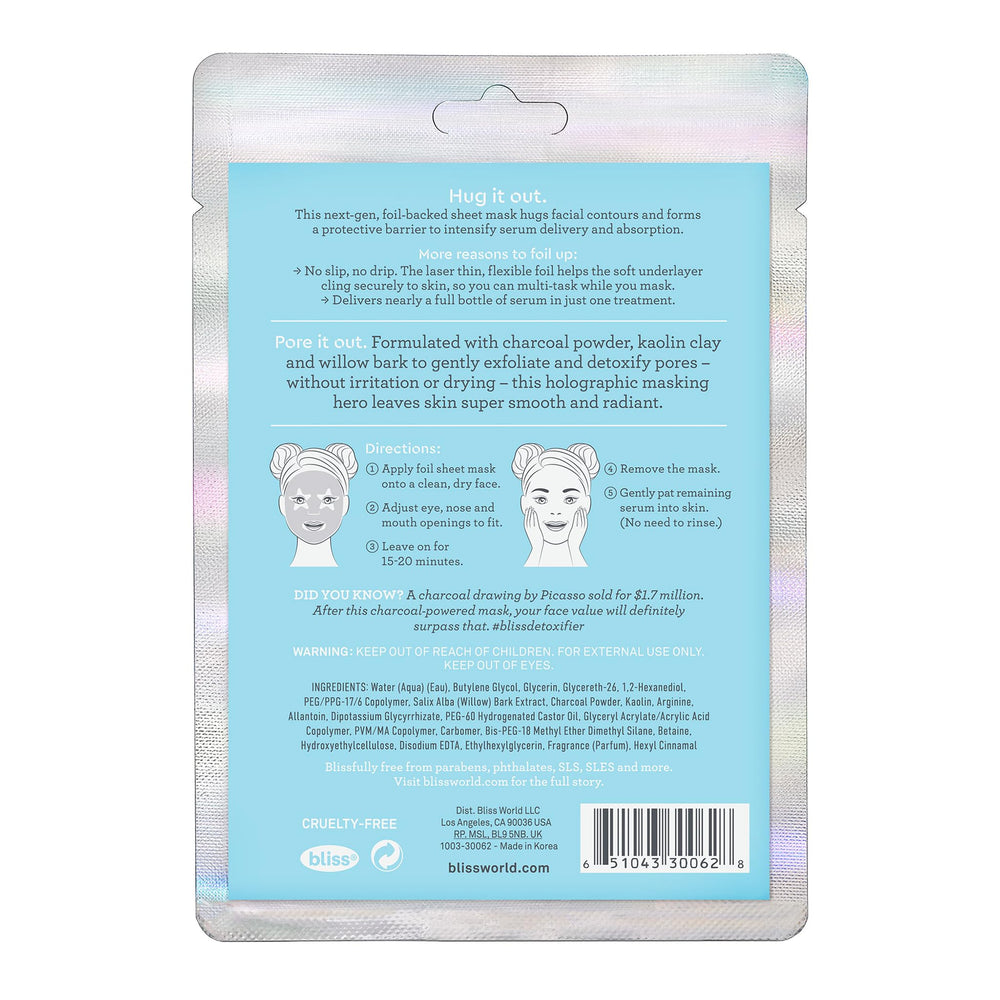 Bliss Detoxifier holographic mask on display ready for a spa night ritual.