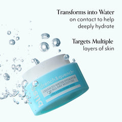 Bliss Drench & Quench serum-water transition image highlights fast absorption for all-day moisture.