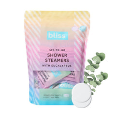 Bliss Eucalyptus shower steamer unwrapped on shower floor for spa-like aromatherapy.