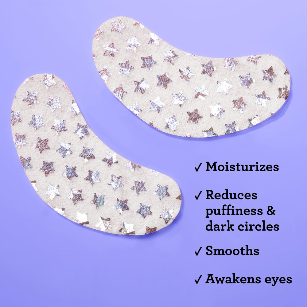 Close-up of Bliss holographic foil eye mask with cooling shimmer.