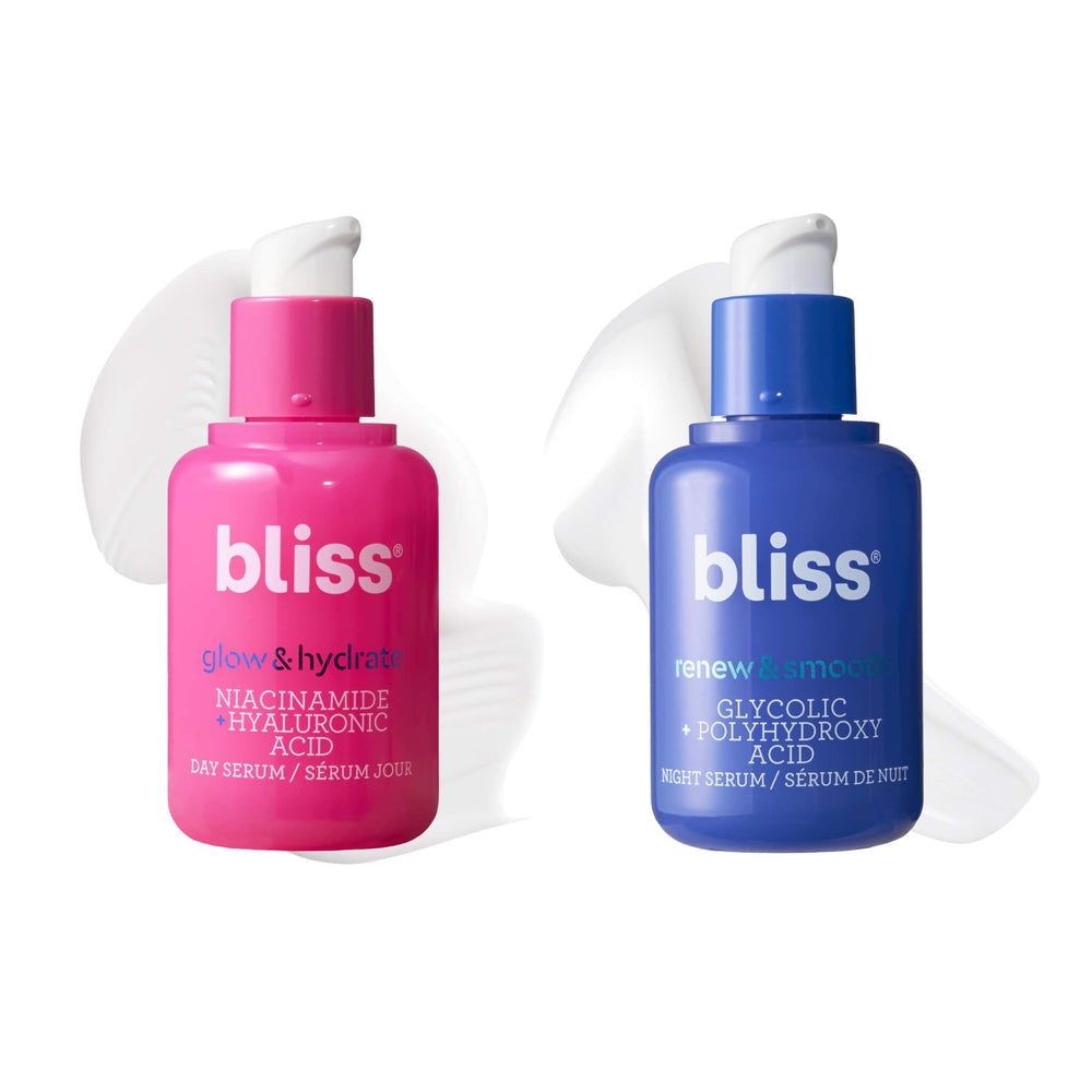 Bliss Glow Day Serum pump bottle showing bright, hydrated skin benefits