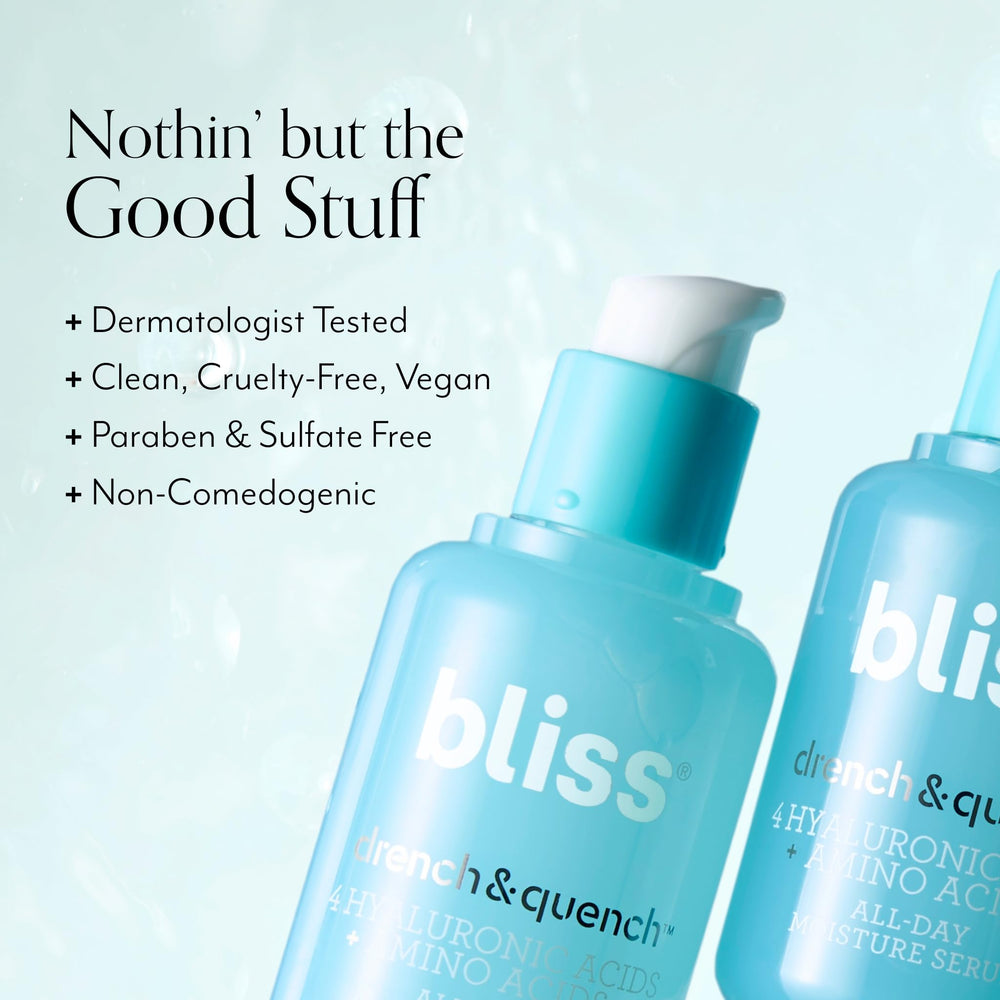Bliss Hyaluronic Acid Drench packaging box highlights cruelty-free vegan formulation