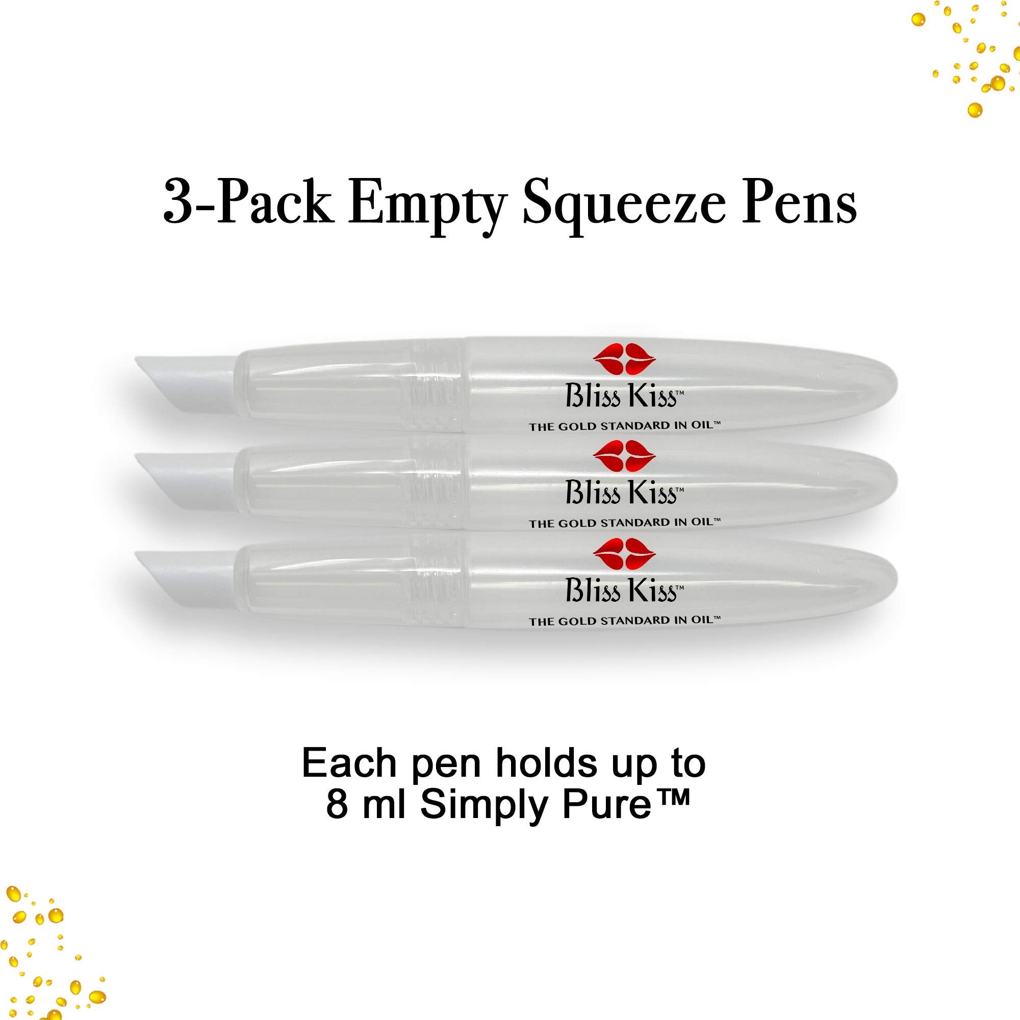 Three empty Bliss Kiss pens ready to refill with oil