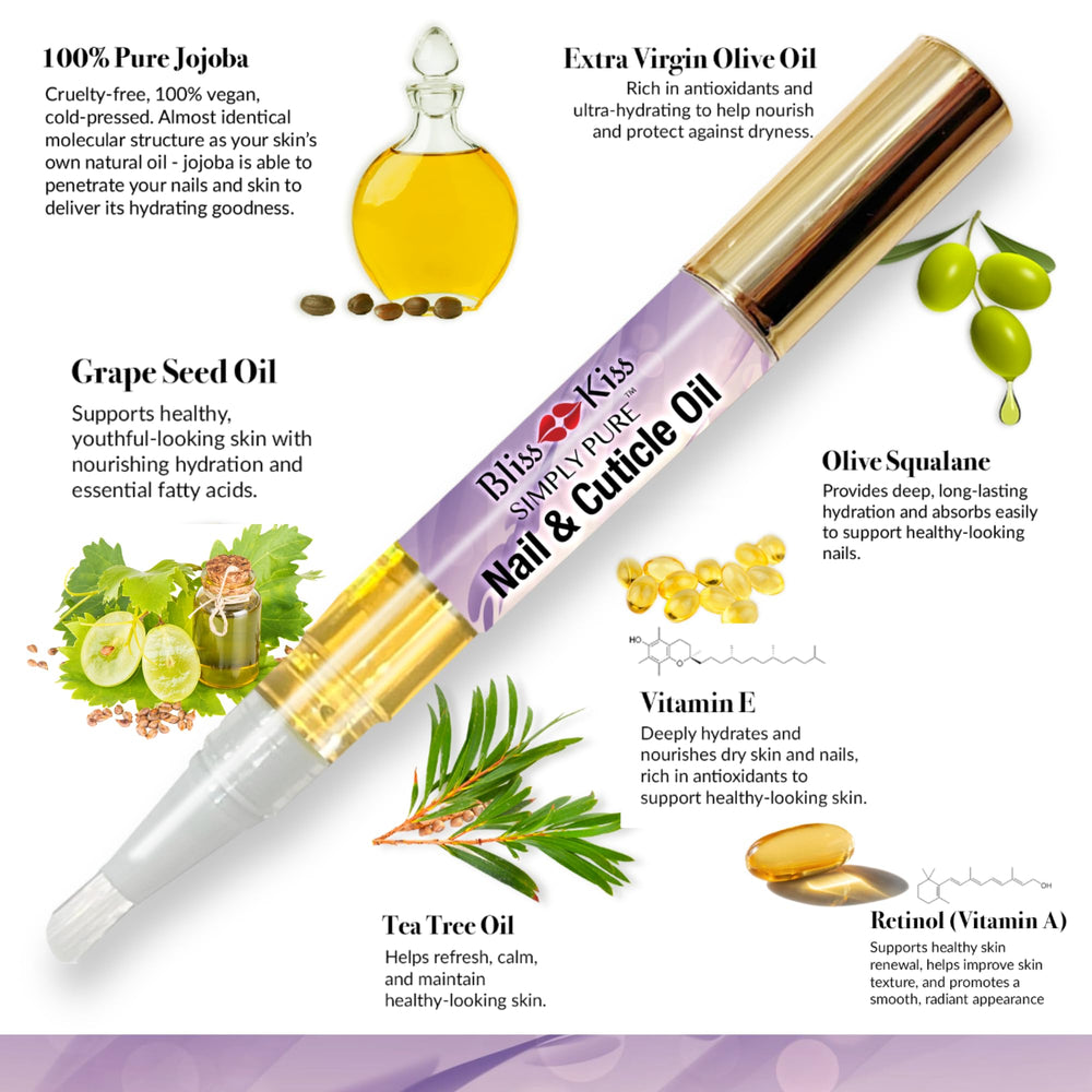 Bliss Kiss Lavender Vanilla cuticle oil pen in use for on-the-go hydration