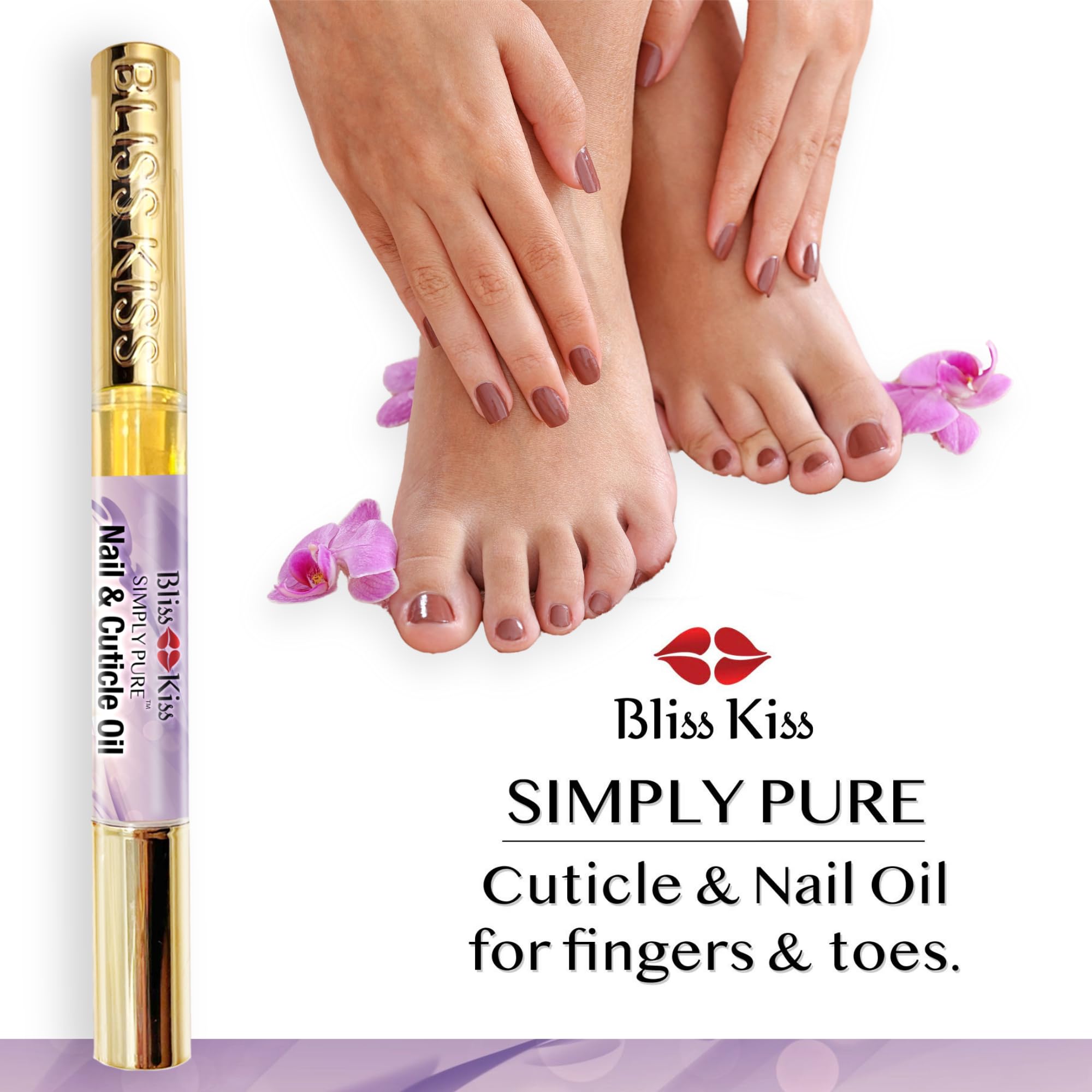 Bliss Kiss nail care setup with lavender vanilla pen beside cuticle tools