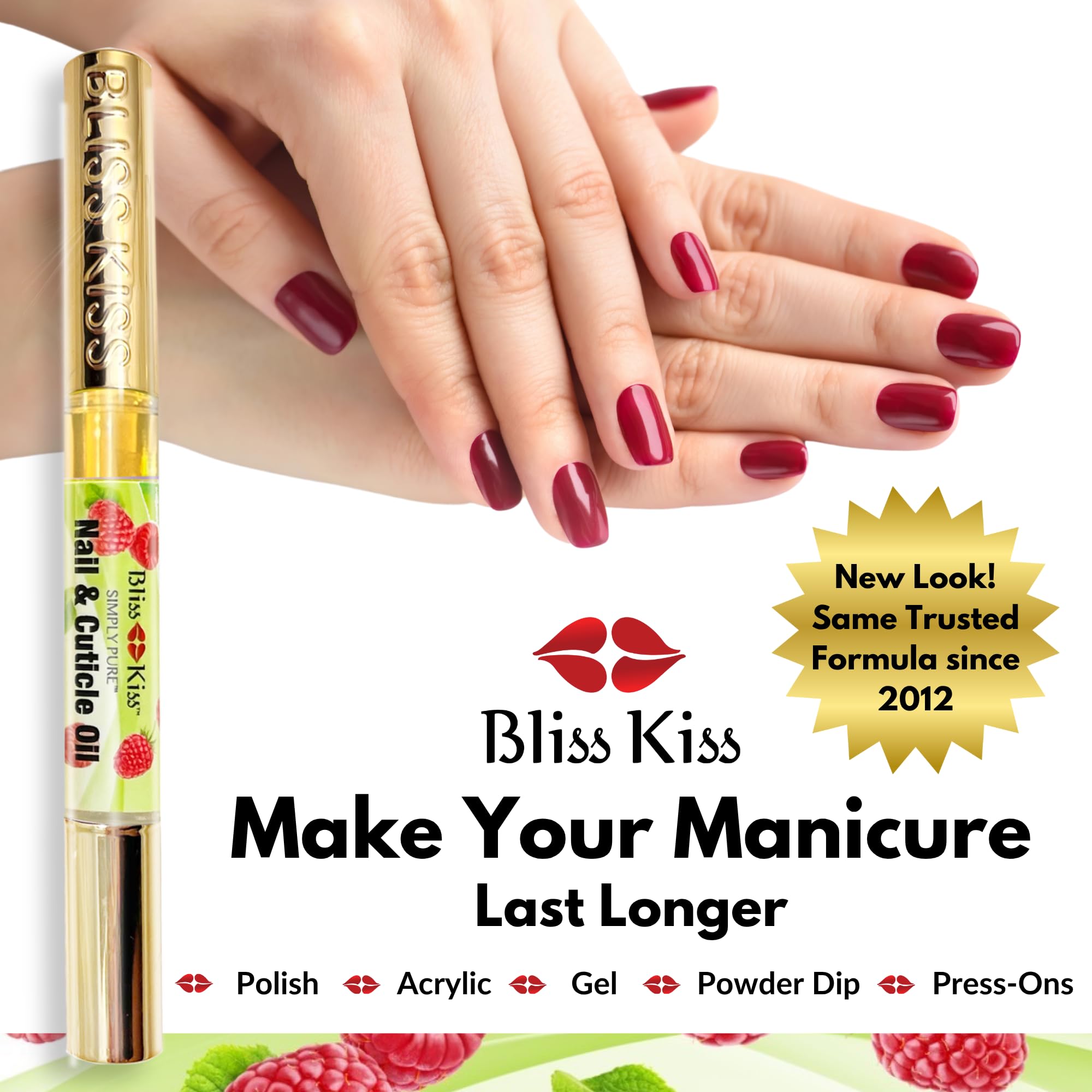 Bliss Kiss travel-friendly pen fits purse for on-the-go nail care.